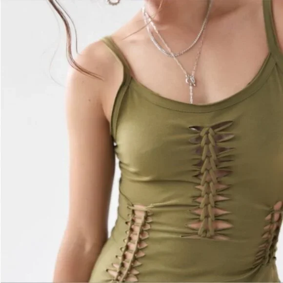 Urban Outfitters UO Slit Cut Out Macrame Mini Dress Olive Army Green New Medium - Picture 7 of 16